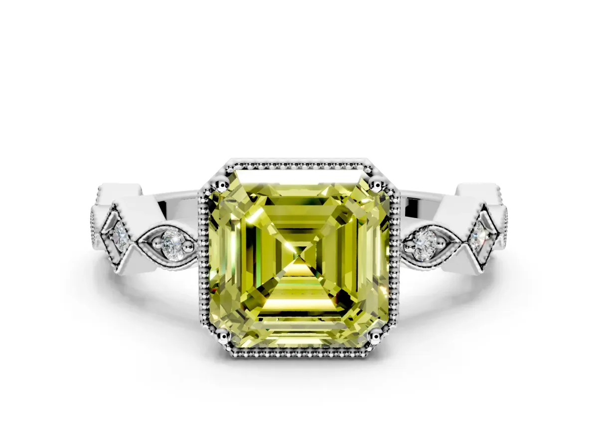 Milgrain Bezel Engagement Ring Setting for Fancy Yellow Asscher Cut Center with Marquise Stations and Bezel Head in Sterling Silver