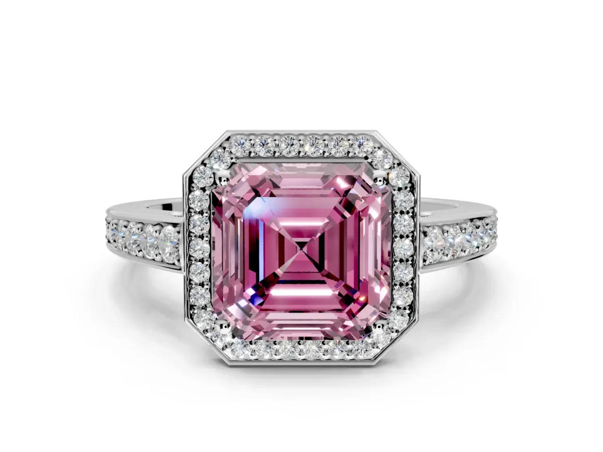 Bezel-Framed Halo Engagement Ring Setting for Fancy Pink Asscher Cut Center with Pave Band and Prong Head in White Gold