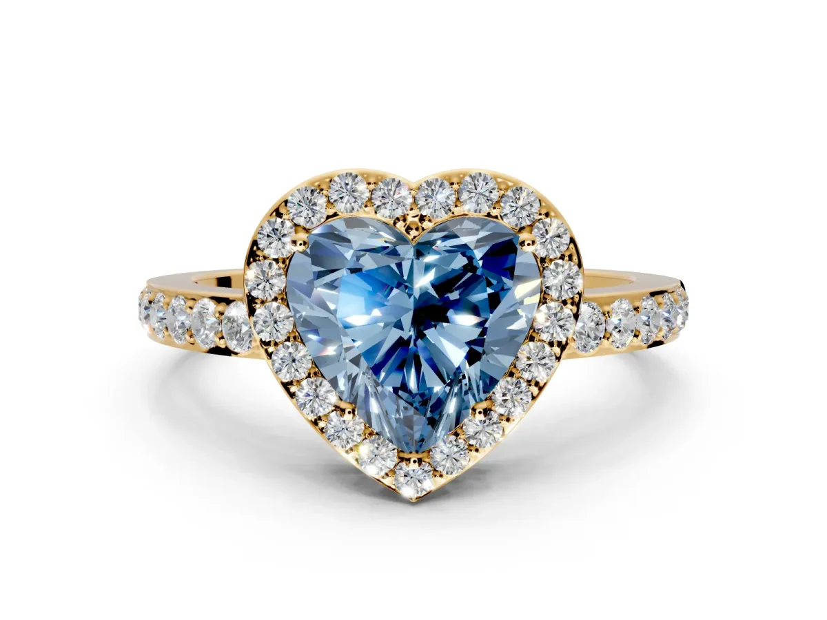 Halo Engagement Ring Setting for Fancy Blue Heart-Shaped Center with Heart-Shaped Openwork, Pave Band and Prong Head in Yellow Gold