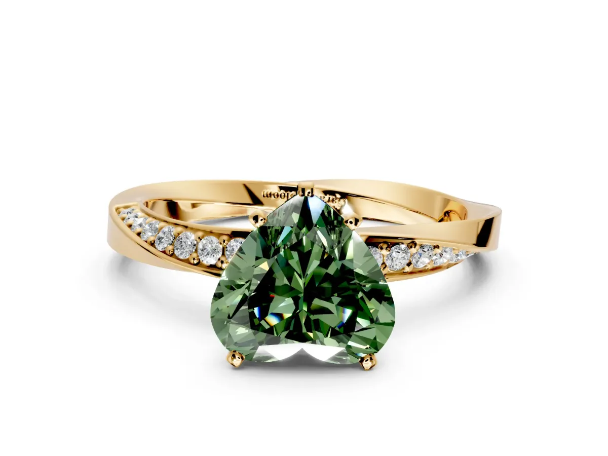 Side Accent Engagement Ring Setting for Fancy Green Heart-Shaped Center with Accent Shoulders and Prong Head in Yellow Gold