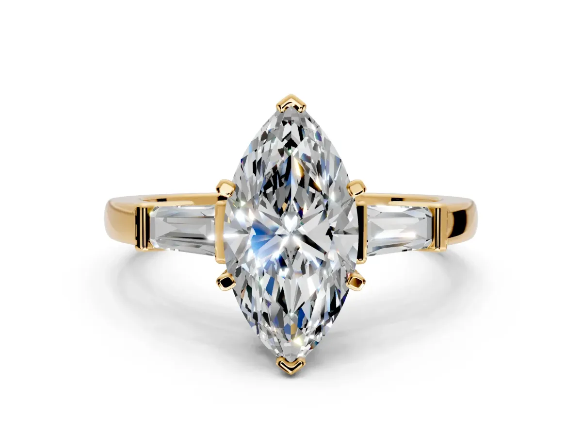 3 Stone Engagement Ring Setting for Marquise Center with Channel Baguette Accents and Prong Head in Yellow Gold