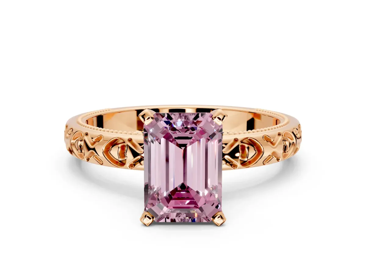 Solitaire Engagement Ring Setting for Fancy Pink Emerald Cut Center with XO Engraved Band and Prong Head in Rose Gold