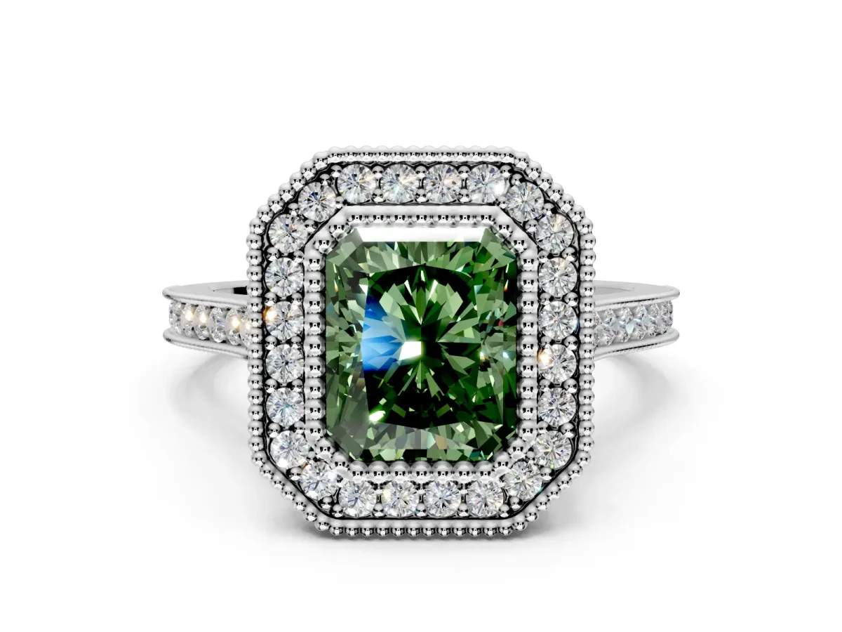 Halo Engagement Ring Setting for Fancy Green Radiant Cut Center with Milgrain Frame, Pave Band and Prong Head in White Gold