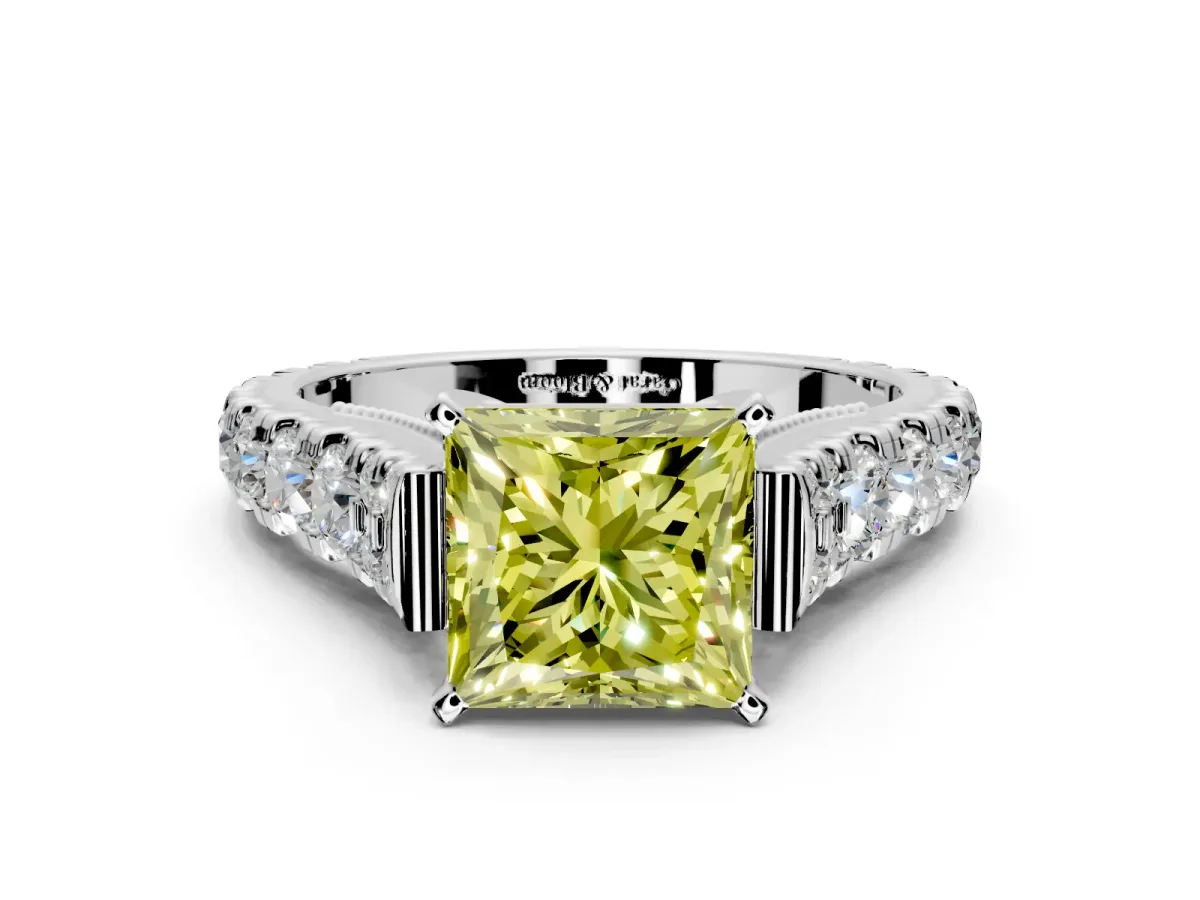 Solitaire Engagement Ring Setting for Fancy Yellow Princess Cut Center with Pave Cathedral Shoulders and Prong Head in Sterling Silver