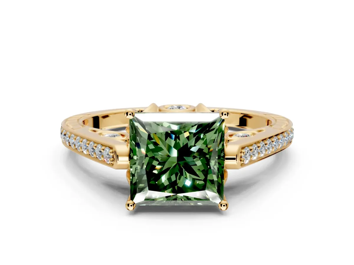 Cathedral Engagement Ring Setting for Fancy Green Princess Cut Center with Antique-Style Pave Band and Prong Head in Yellow Gold