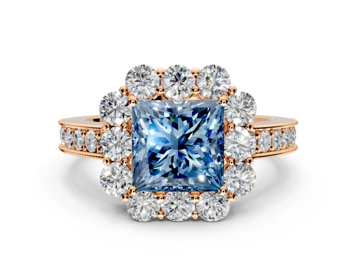 Halo Engagement Ring Setting for Fancy Blue Princess Cut Center with Milgrain Channel Band and Prong Head in Rose Gold