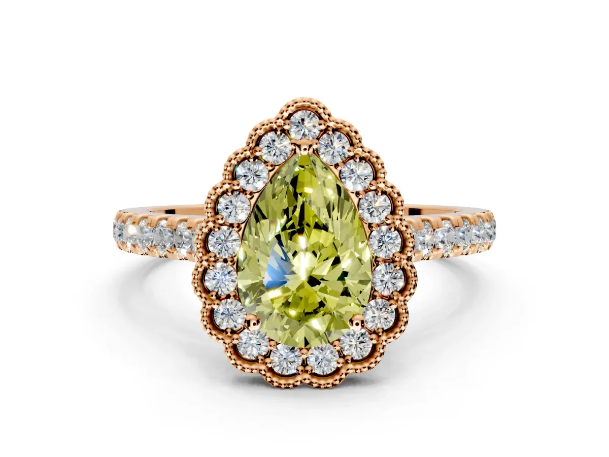 Milgrain Floral Halo Engagement Ring Setting for Fancy Yellow Pear-Shaped Center with Pave Band and Prong Head in Rose Gold