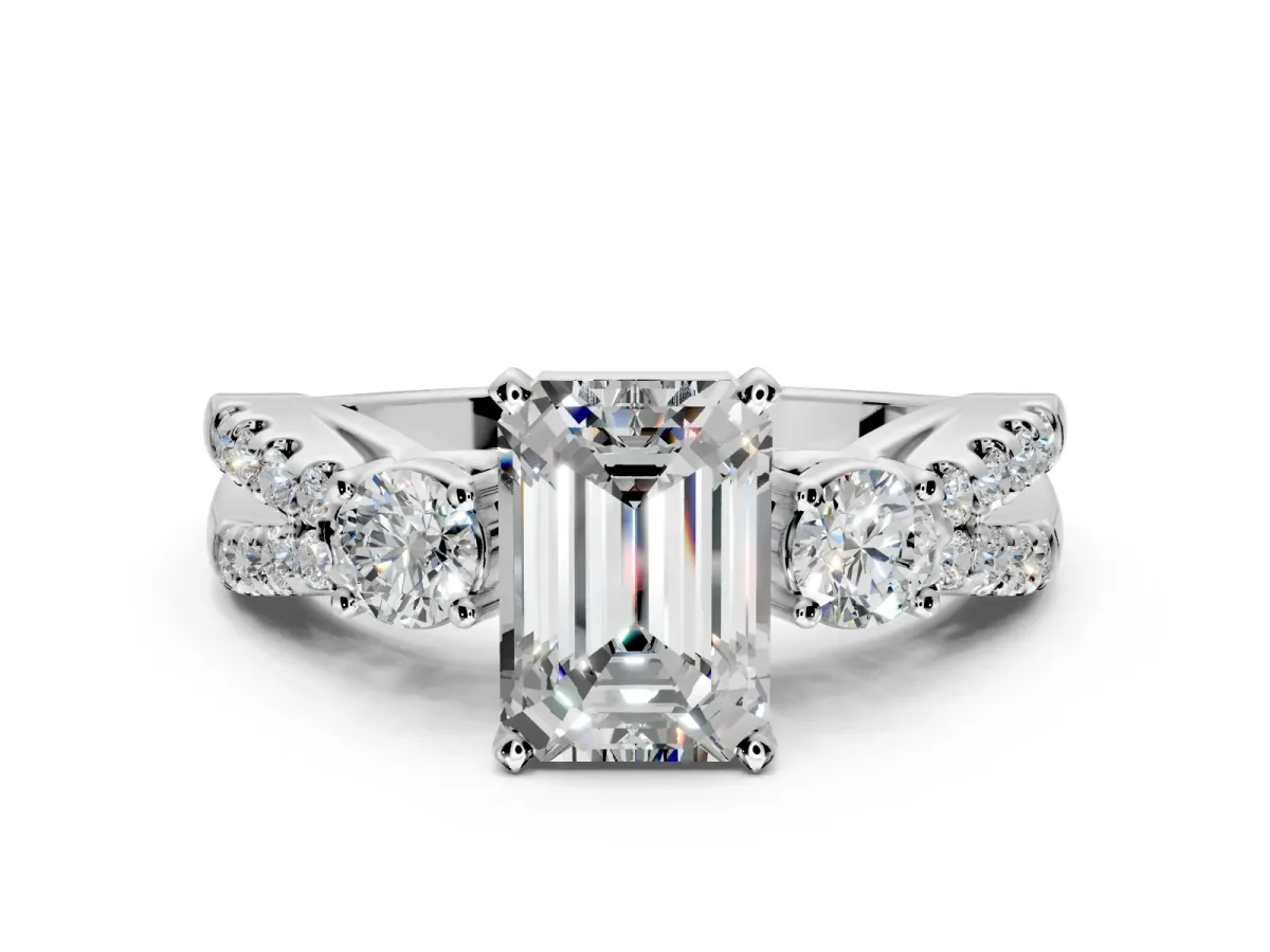3 Stone Engagement Ring Setting for Emerald Cut Center with Pave Split Shank and Prong Head in Platinum