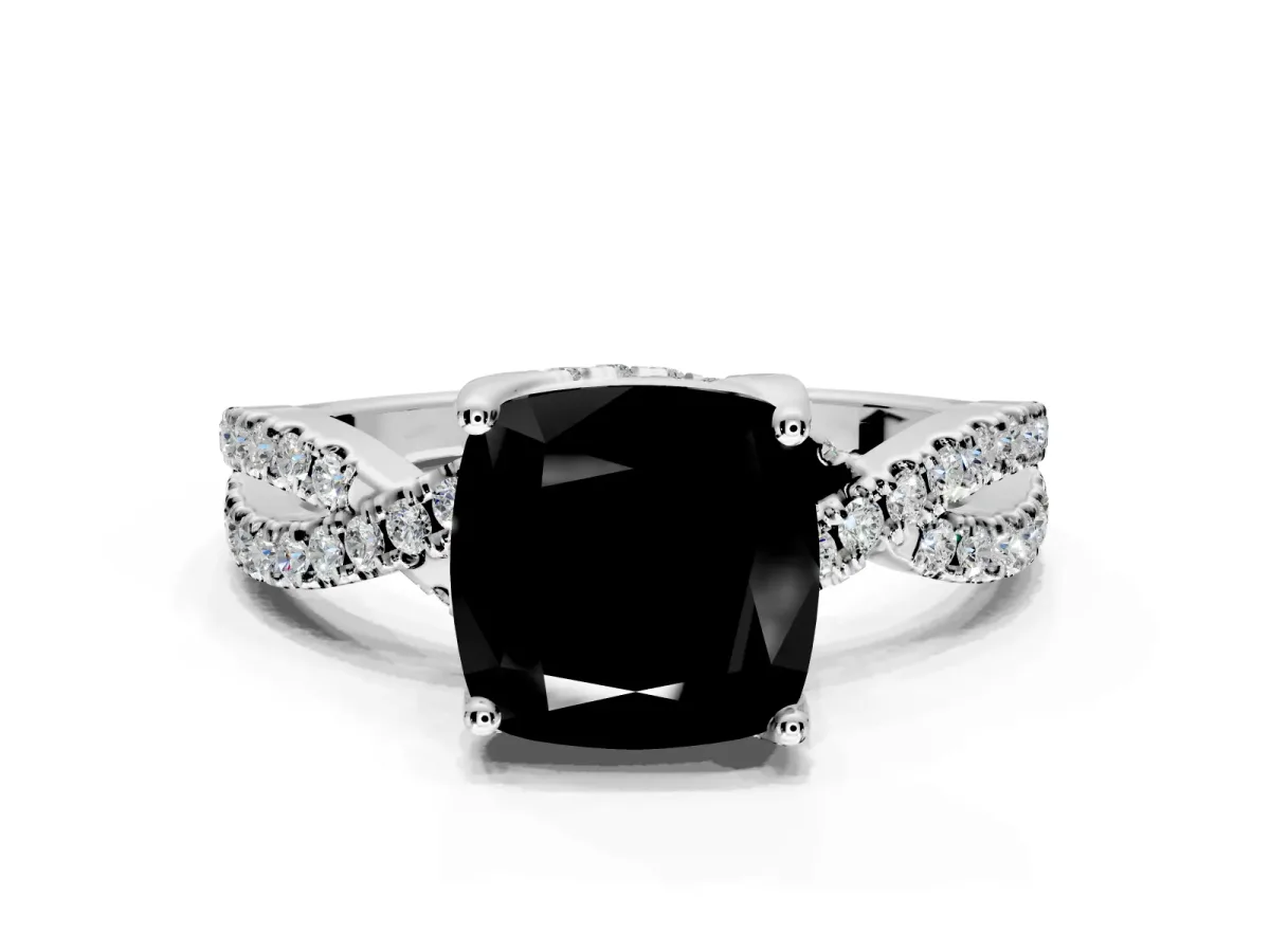 Solitaire Engagement Ring Setting for Fancy Black Cushion Cut Center with Narrow Twist Pave Band and Prong Head in Sterling Silver