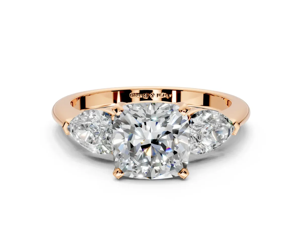 3 Stone Engagement Ring Setting for Cushion Cut Center with Large Pear-Shaped Accents and Prong Head in Rose Gold