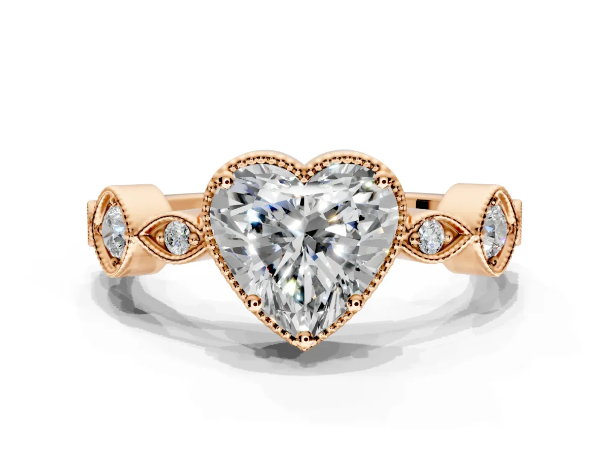 Vintage Station Engagement Ring Setting for Heart-Shaped Center with Accents and Prong Head in Rose Gold
