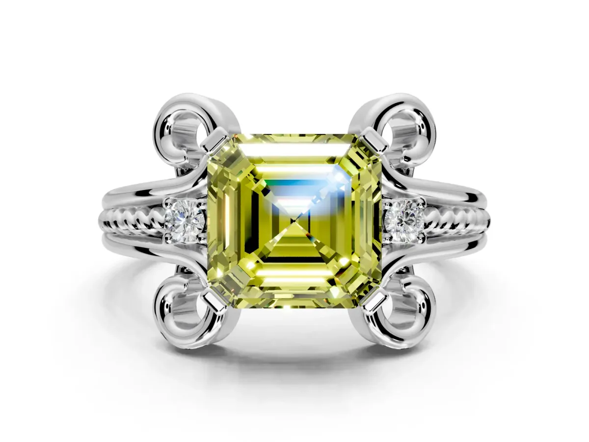 Solitaire Engagement Ring Setting for Fancy Yellow Asscher Cut Center with Twisted Band and Scroll Prong Head in Platinum