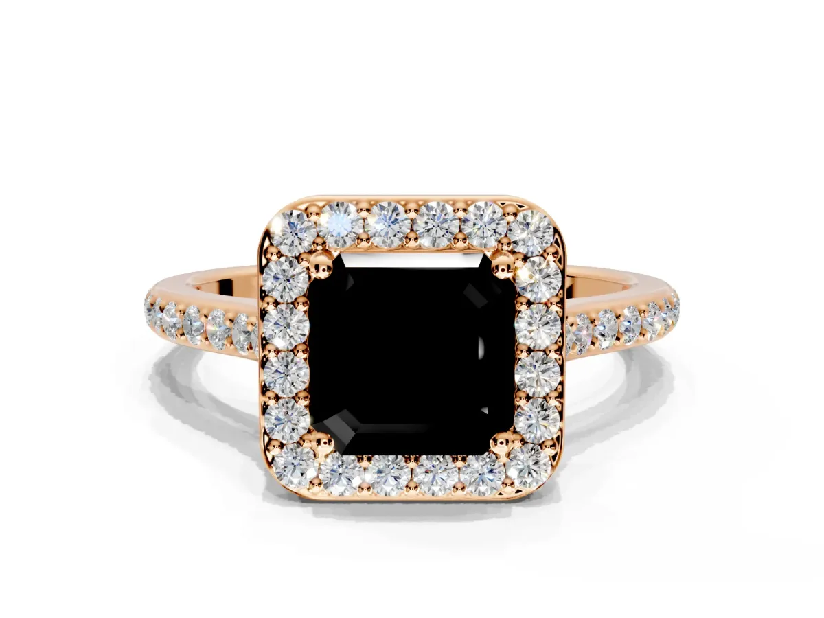 Halo Engagement Ring Setting for Fancy Black Asscher Cut Center with Pave Accents, Heart Basket and Prong Head in Rose Gold