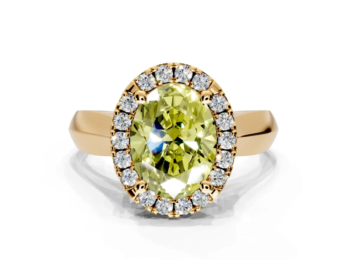 Halo Engagement Ring Setting for Fancy Yellow Oval Center with Square Band and Prong Head in Yellow Gold
