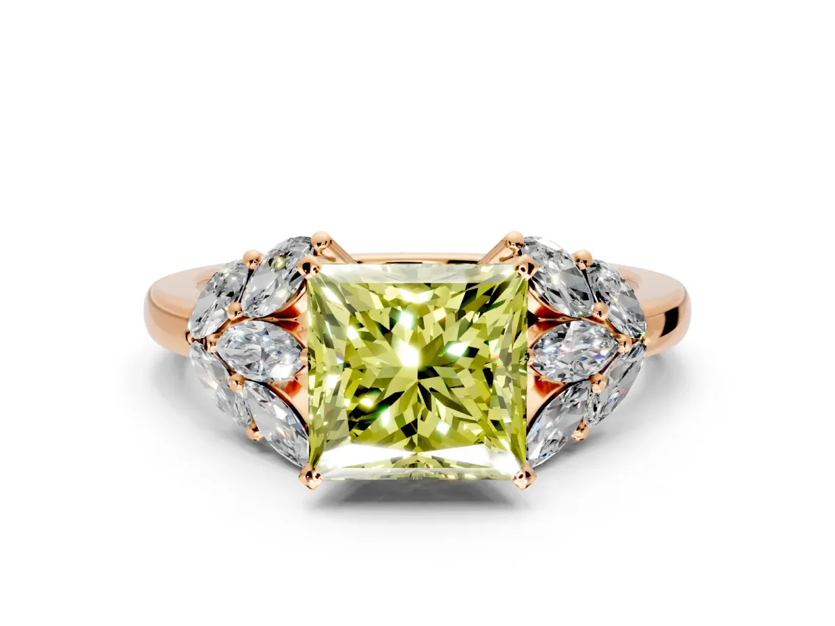 Leaf Cluster Engagement Ring Setting for Fancy Yellow Princess Cut Center with Marquise Accents and Prong Head in Rose Gold