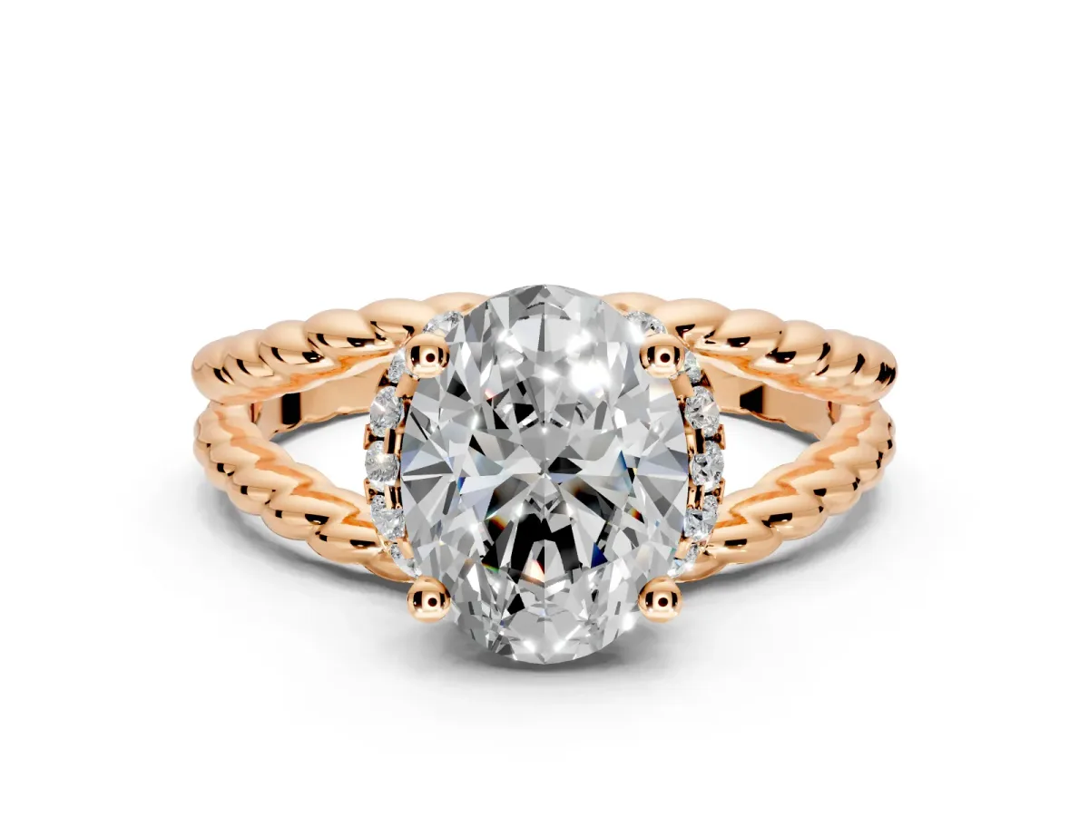 Halo Engagement Ring Setting for Oval Center with Rope Twist Split Shank and Prong Head in Rose Gold