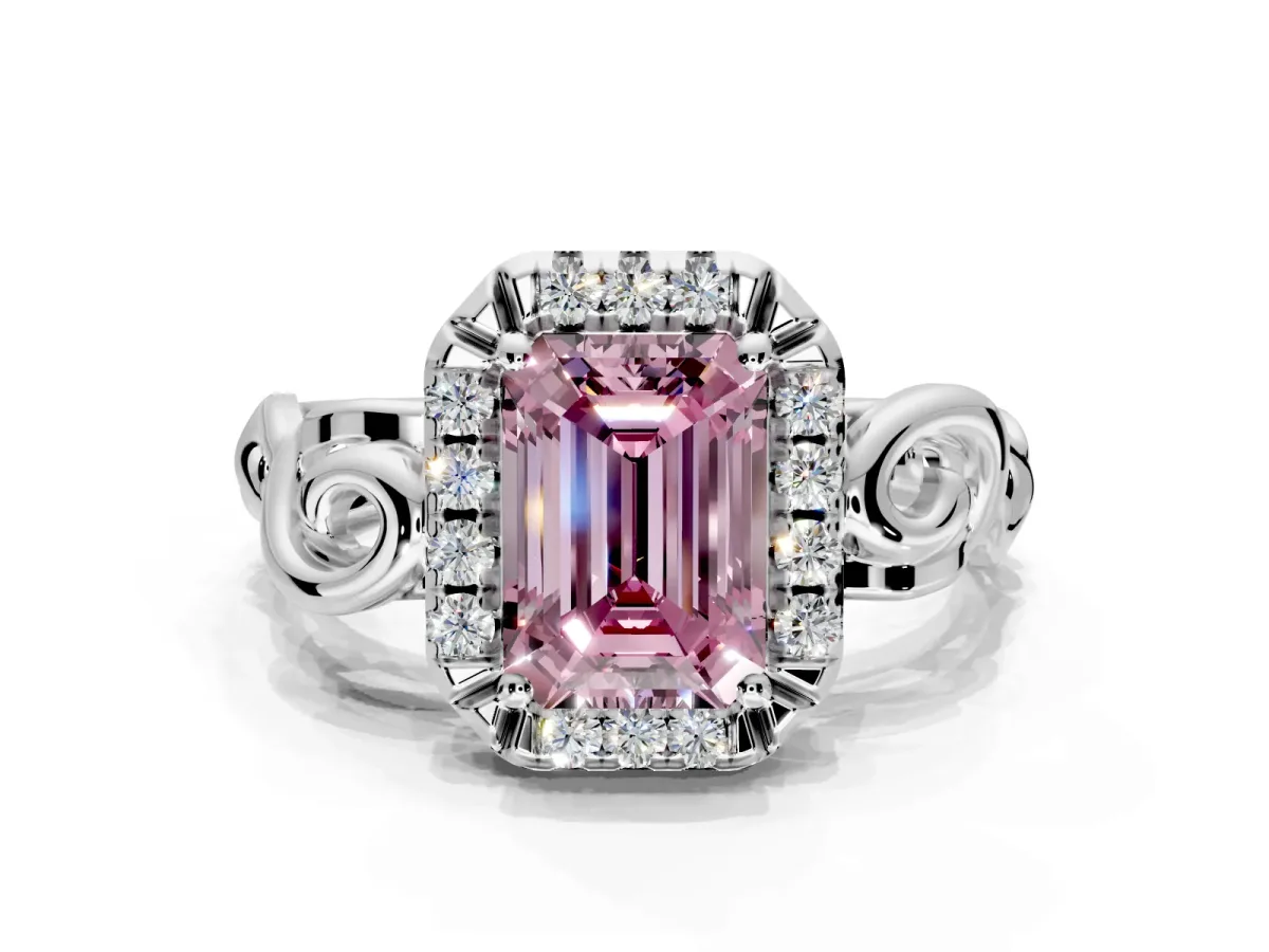 Halo Engagement Ring Setting for Fancy Pink Emerald Cut Center with Open Scroll Shoulders and Prong Head in Platinum