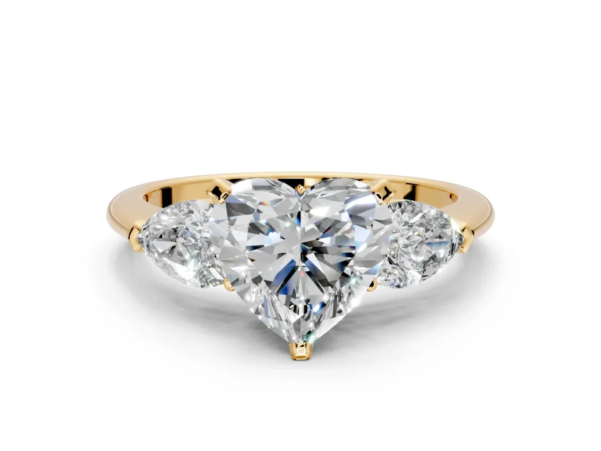 3 Stone Engagement Ring Setting for Heart-Shaped Center with Large Pear-Shaped Accents and Prong Head in Yellow Gold