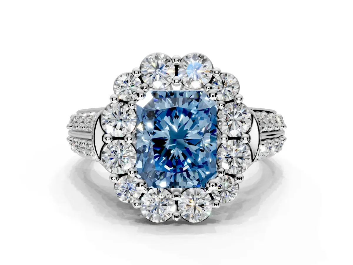 Large Accent Halo Engagement Ring Setting for Fancy Blue Radiant Cut Center with Pave Split Shank and Prong Head in Sterling Silver