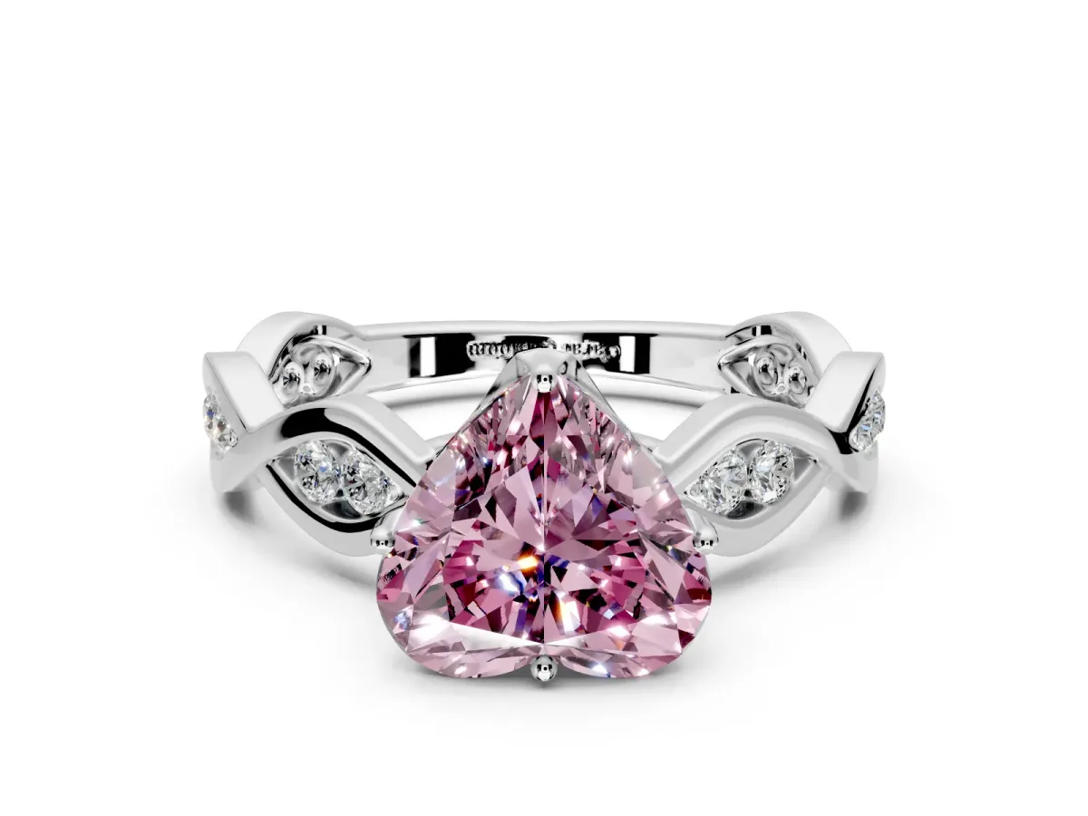 Solitaire Engagement Ring Setting for Fancy Pink Heart-Shaped Center with Accented Twist Band and Leaf Prong Head in Sterling Silver