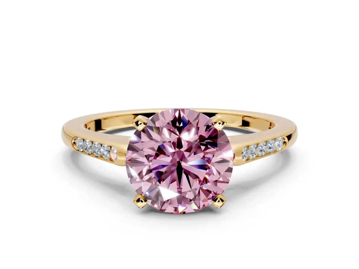 Solitaire Engagement Ring Setting for Fancy Pink Round Cut Center with Channel Accents and Prong Head in Yellow Gold