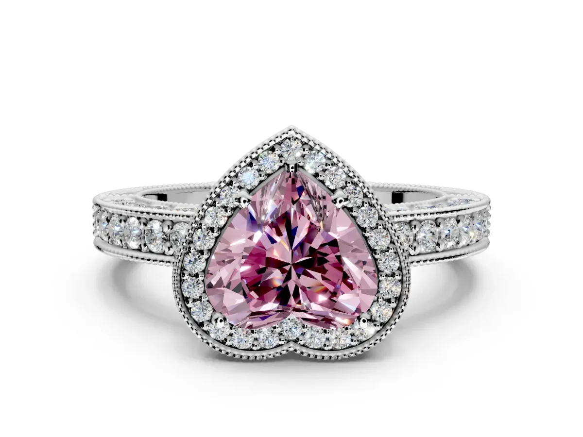 Milgrain Halo Engagement Ring Setting for Fancy Pink Heart-Shaped Center with Wide Pave Band and Prong Head in Sterling Silver