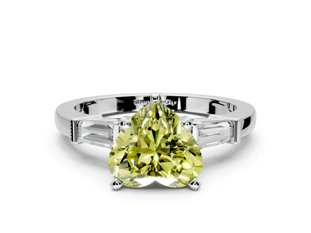 3 Stone Engagement Ring Setting for Fancy Yellow Heart-Shaped Center with Channel Baguette Accents and Prong Head in White Gold