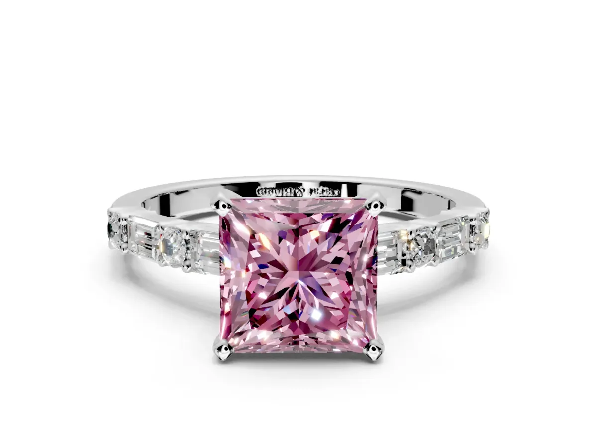 Baguette Engagement Ring Setting for Fancy Pink Princess Cut Center with Alternating Bar-Set Band and Prong Head in White Gold