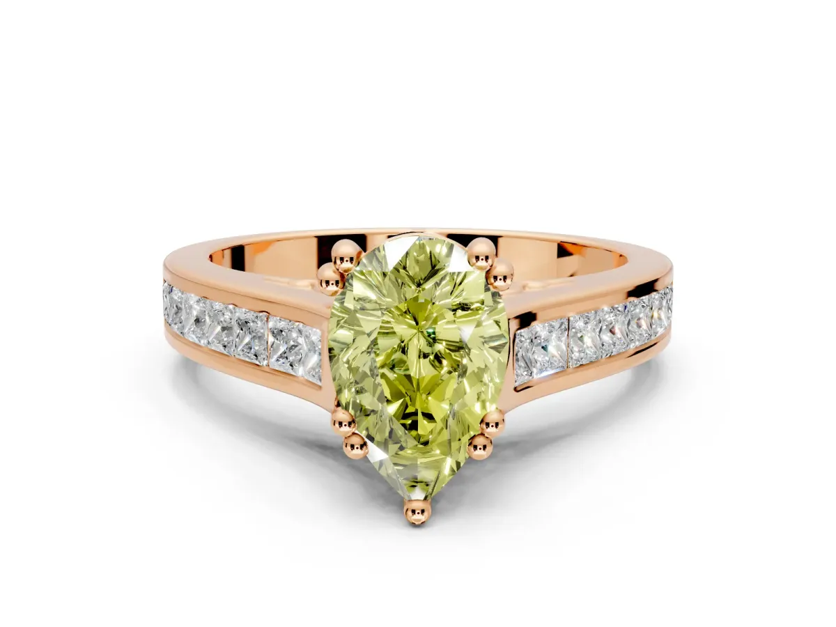 Solitaire Engagement Ring Setting for Fancy Yellow Pear-Shaped Center with Channel Band and Double Claw Prong Head in Rose Gold