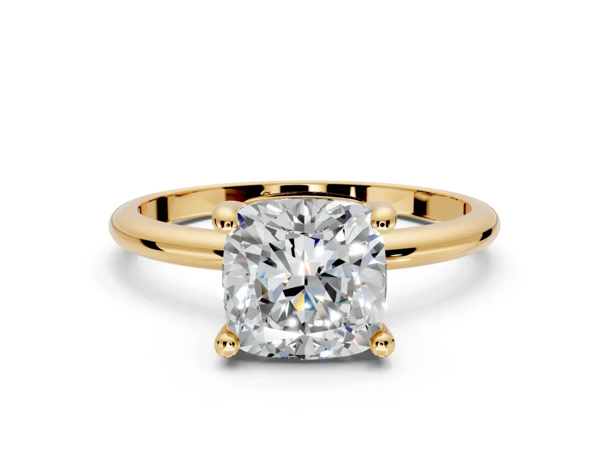 Minimalist Solitaire Engagement Ring Setting for Cushion Cut Center with Thin Band and Prong Head in Yellow Gold