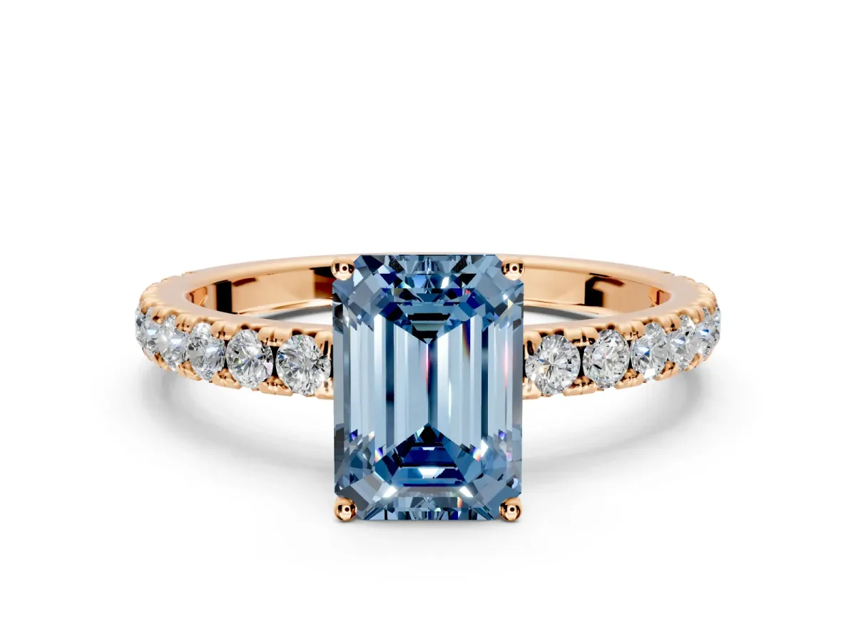Solitaire Engagement Ring Setting for Fancy Blue Emerald Cut Center with Large Accent Band and Prong Head in Rose Gold