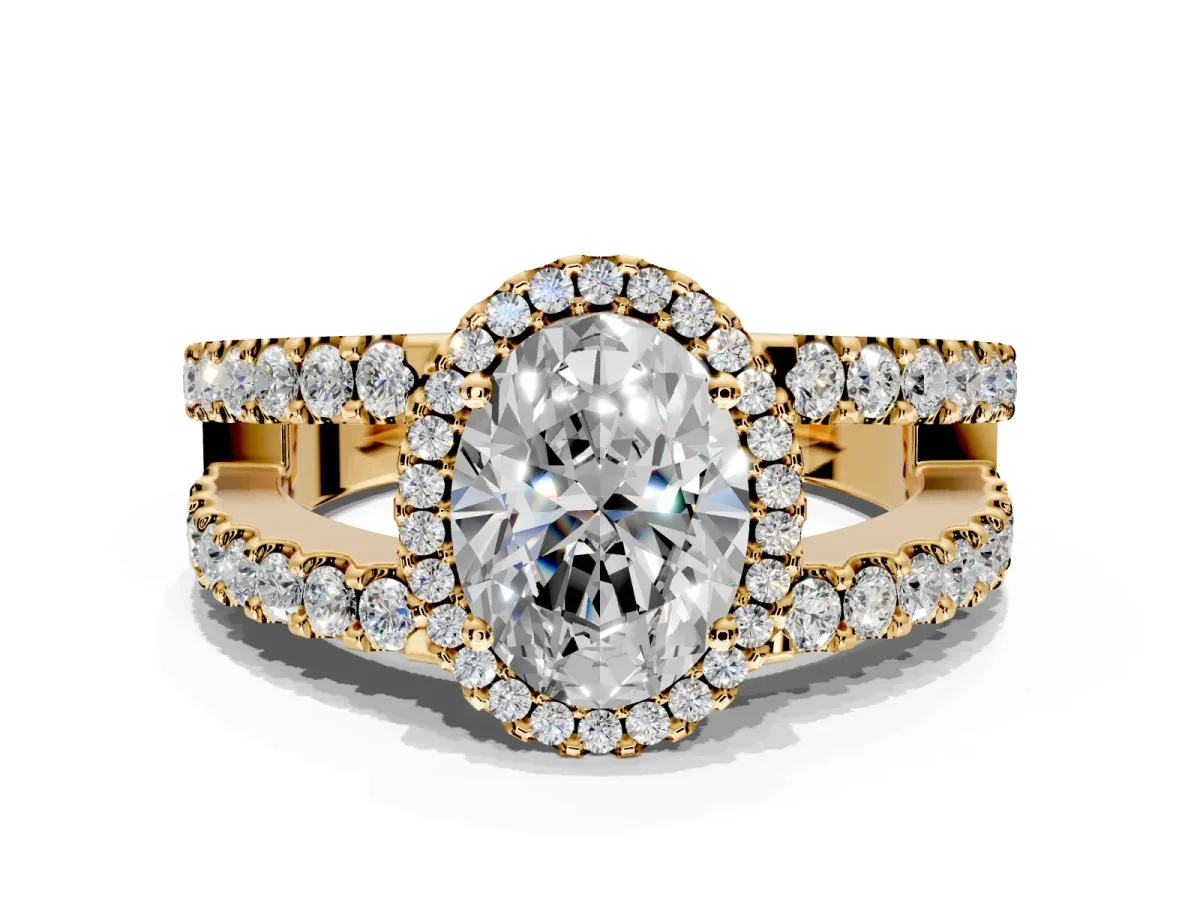 Halo Engagement Ring Setting for Oval Center with Wide-Open Pave Split Shank and Prong Head in Yellow Gold