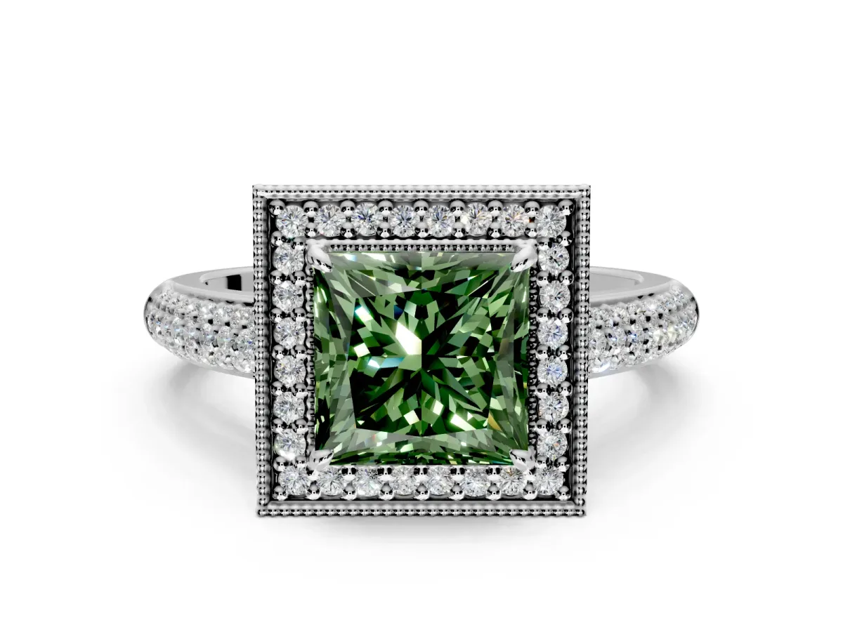 Milgrain Halo Engagement Ring Setting for Fancy Green Princess Cut Center with Three-Sided Pave Band and Prong Head in Platinum