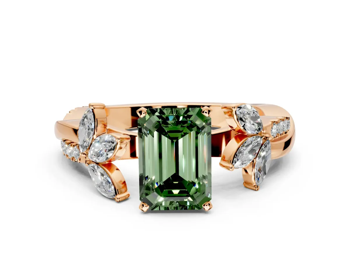 Floral Engagement Ring Setting for Fancy Green Emerald Cut Center with Trailing Marquise Accents and Prong Head in Rose Gold