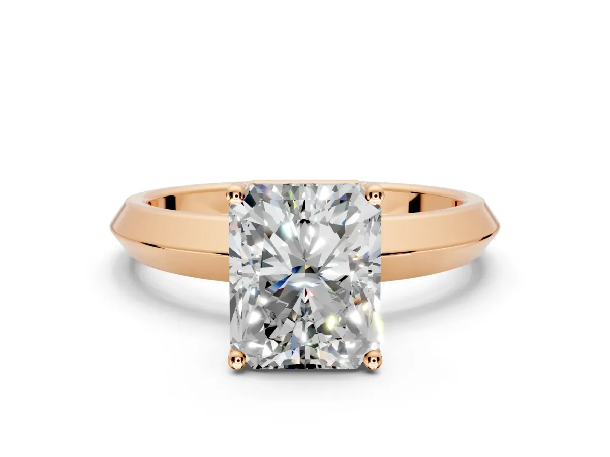 Solitaire Engagement Ring Setting for Radiant Cut Center with Wide Knife Ridge Band and Prong Head in Rose Gold