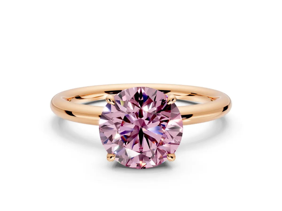 Hidden Halo Engagement Ring Setting for Fancy Pink Round Cut Center with Thin Rounded Band and Prong Head in Rose Gold