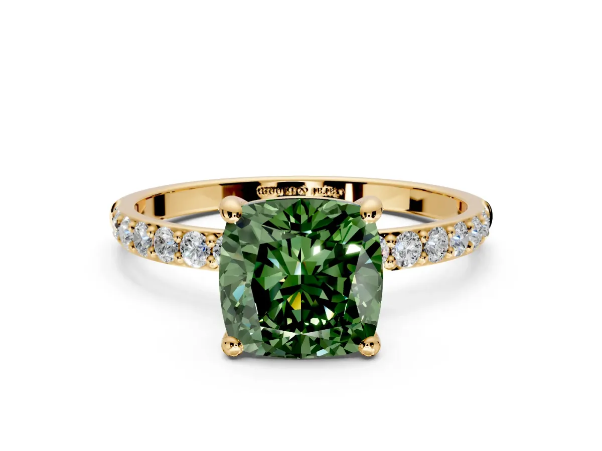 Solitaire Engagement Ring Setting for Fancy Green Cushion Cut Center with Pave Accents and Prong Head in Yellow Gold