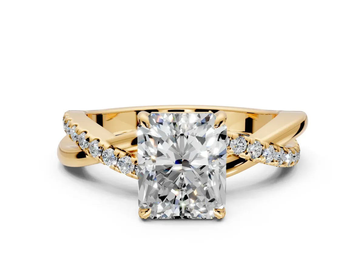 Crossover Engagement Ring Setting for Radiant Cut Center with Pave and Plain Strands and Prong Head in Yellow Gold