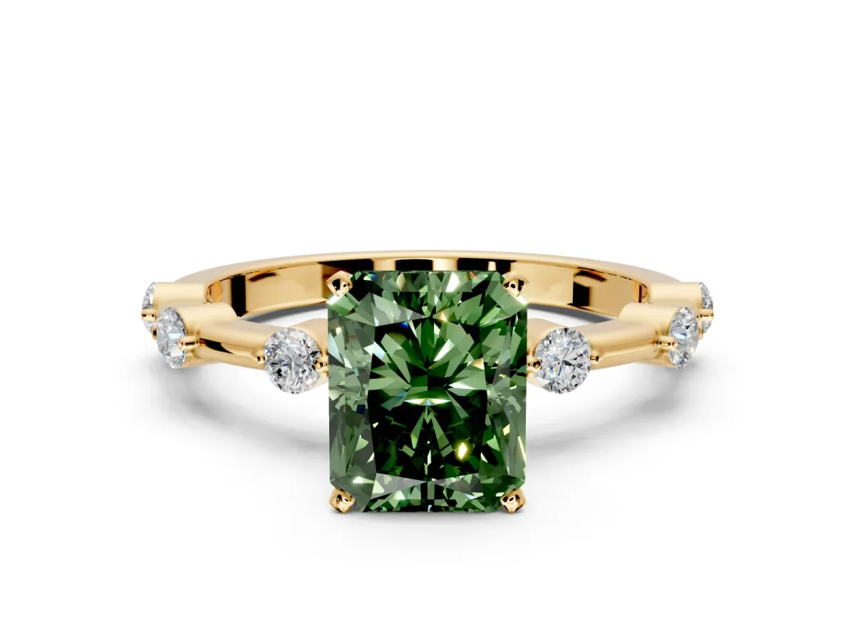 Solitaire Engagement Ring Setting for Fancy Green Radiant Cut Center with Bezel Station Band and Prong Head in Yellow Gold