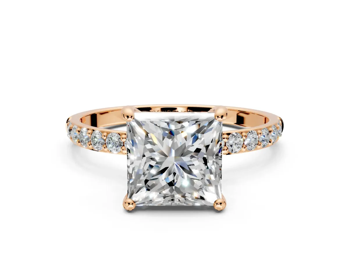 Solitaire Engagement Ring Setting for Princess Cut Center with Pave Accents and Prong Head in Rose Gold