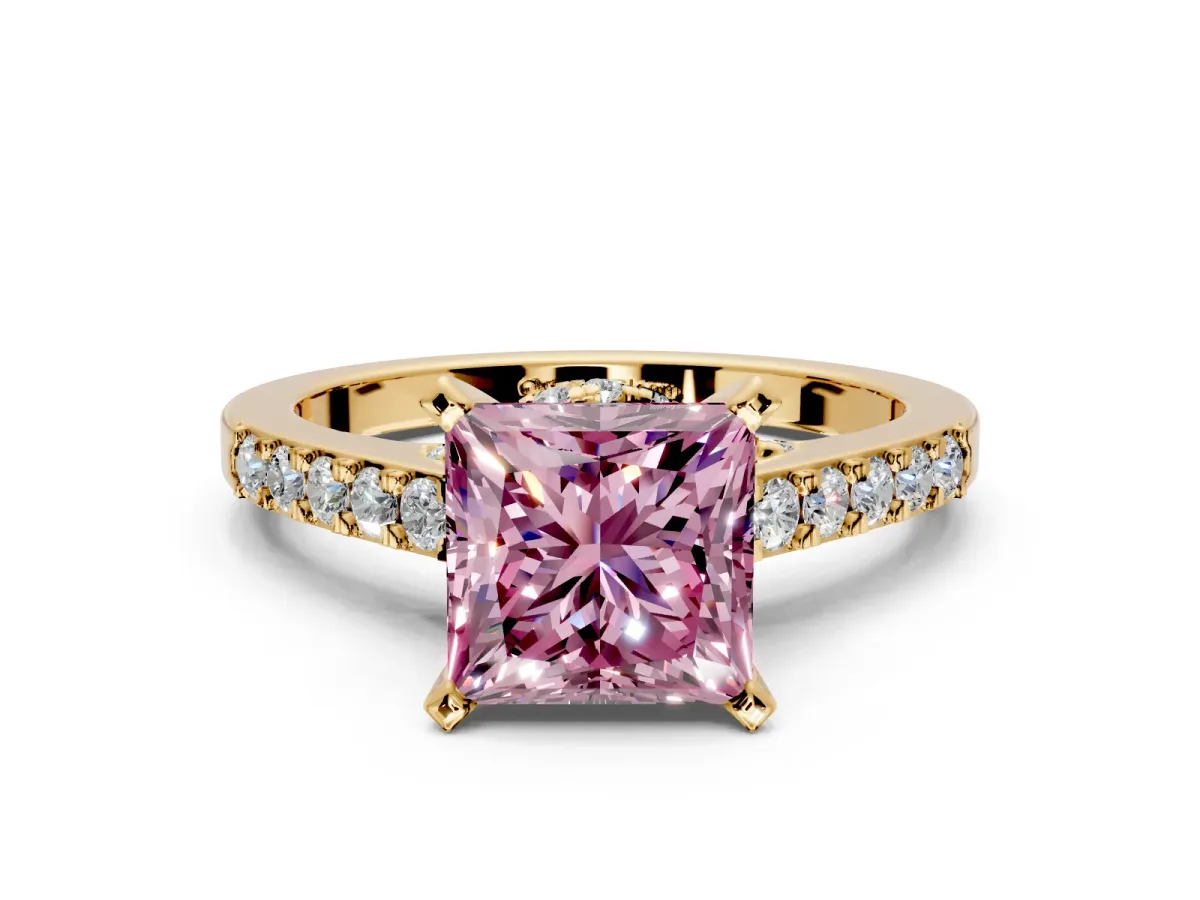 Solitaire Engagement Ring Setting for Fancy Pink Princess Cut Center with Crossover Accents and Prong Head in Yellow Gold