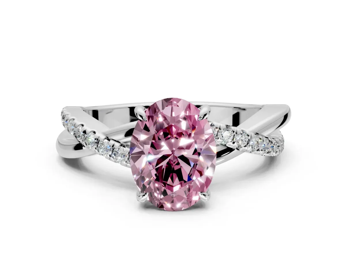 Crossover Engagement Ring Setting for Fancy Pink Oval Center with Pave and Plain Strands and Prong Head in Platinum