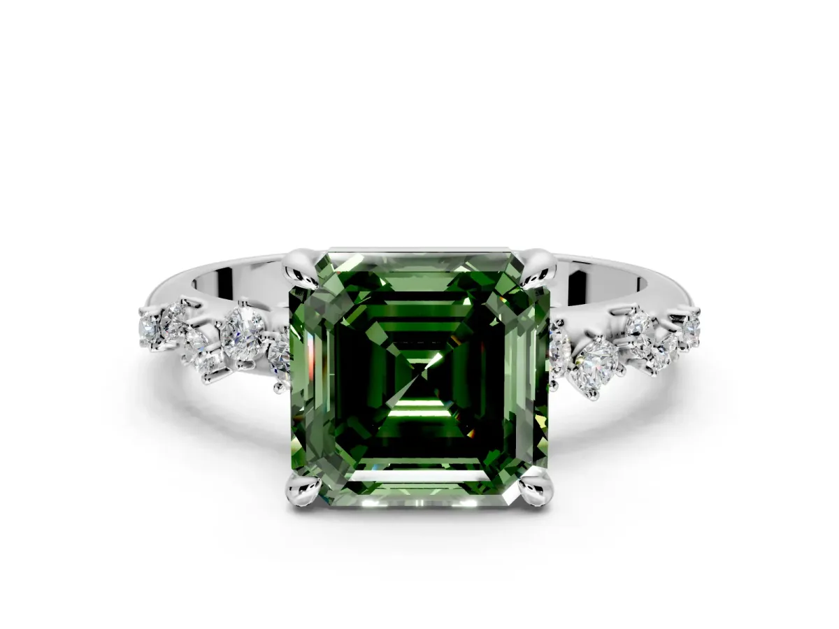 Solitaire Engagement Ring Setting for Fancy Green Asscher Cut Center with Trailing Leaf Accent Band and Prong Head in Platinum