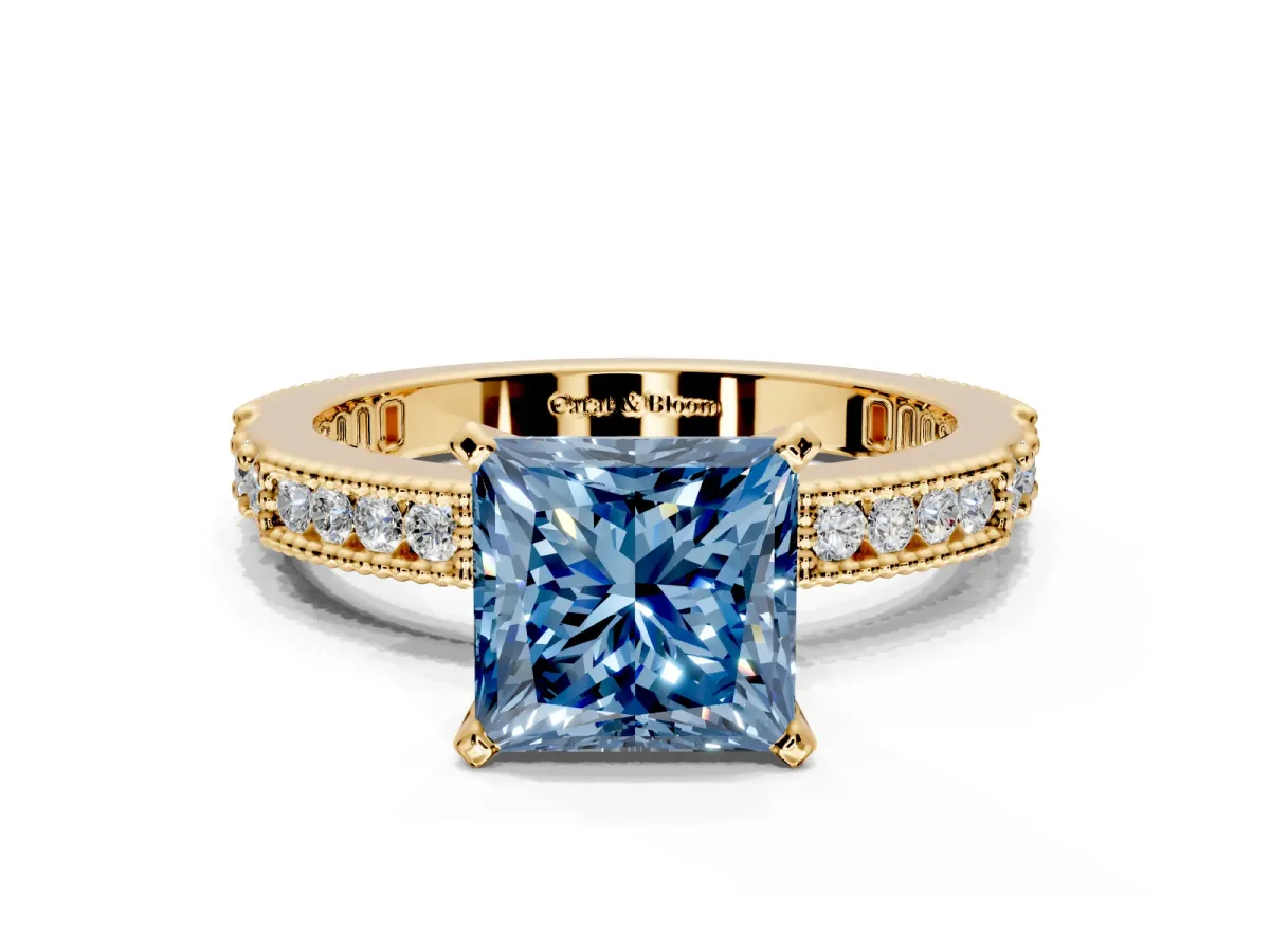 Solitaire Engagement Ring Setting for Fancy Blue Princess Cut Center with Milgrain-Edged Pave Band and Prong Head in Yellow Gold