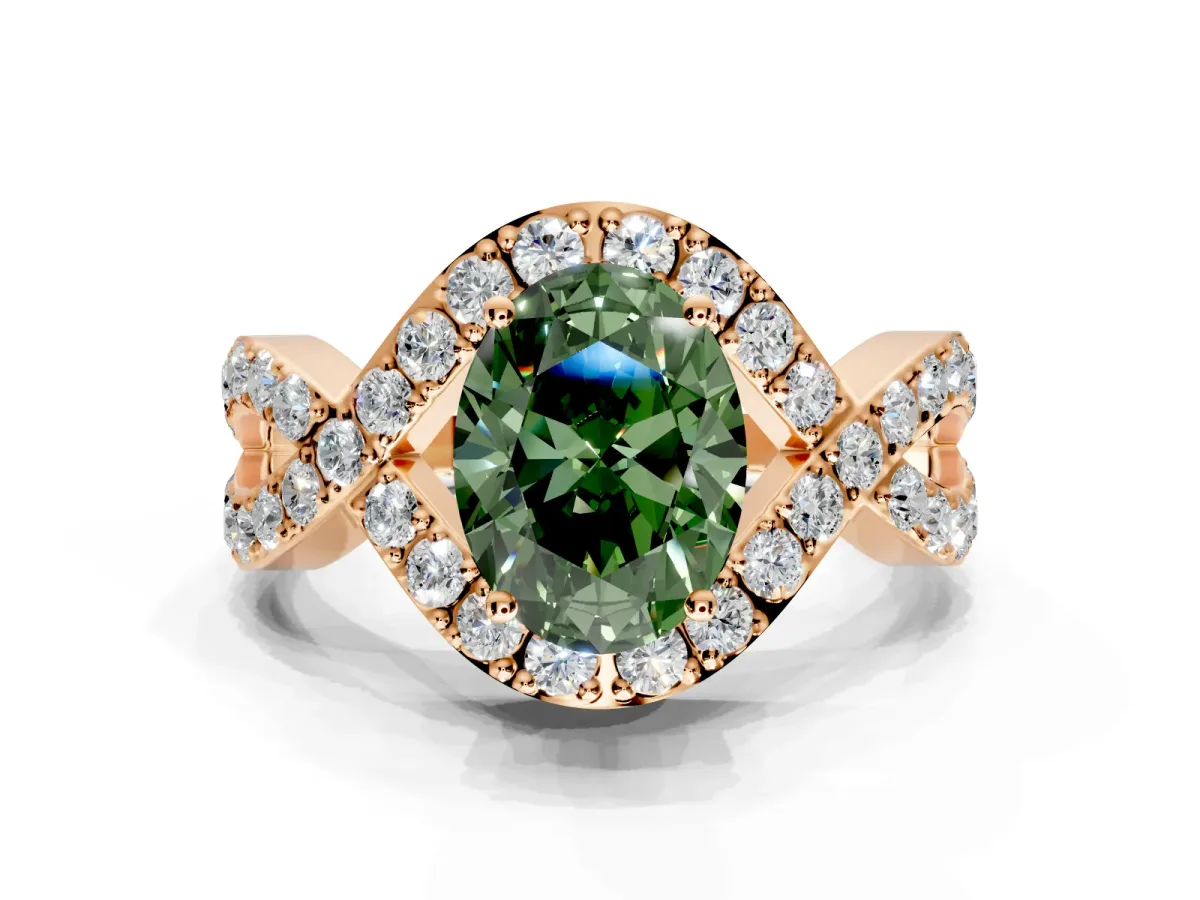 Halo Engagement Ring Setting for Fancy Green Oval Center with Pave Infinity Twist Band and Prong Head in Rose Gold