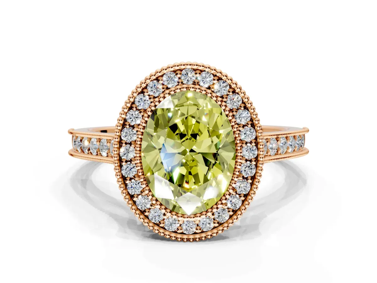 Halo Engagement Ring Setting for Fancy Yellow Oval Center with Milgrain Pave Band and Bezel Head in Rose Gold
