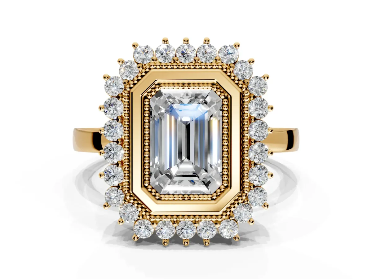 Halo Engagement Ring Setting for Emerald Cut Center with Milgrain Bezel Rim, Plain Band and Prong Head in Yellow Gold
