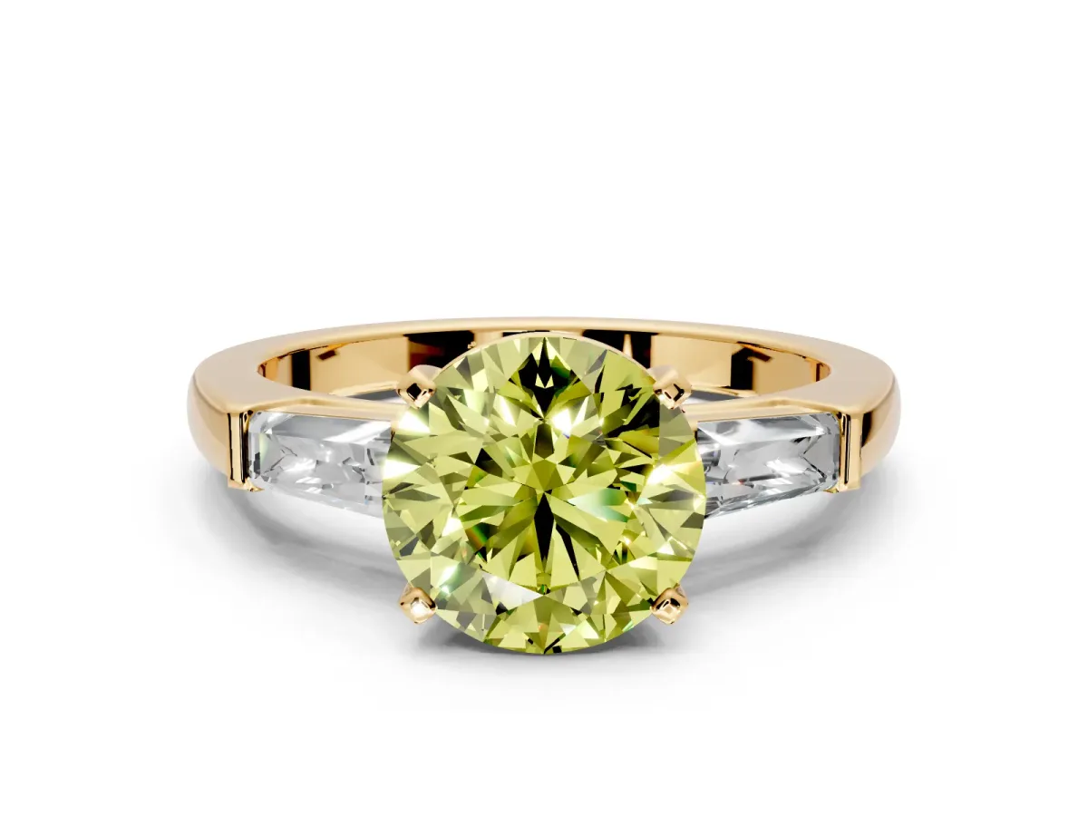 3 Stone Engagement Ring Setting for Fancy Yellow Round Cut Center with Tapered Baguettes, Plain Band and Prong Head in Yellow Gold