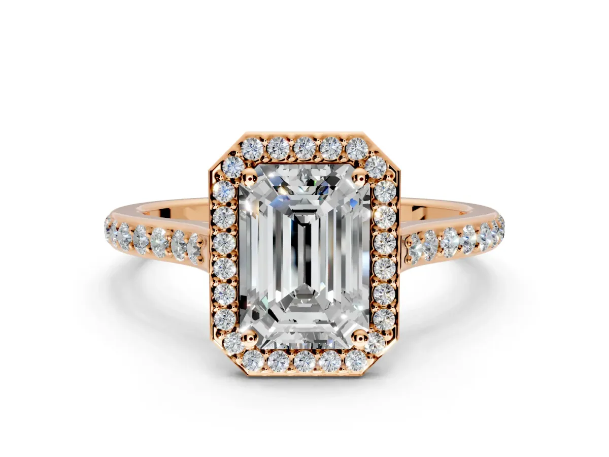 Halo Engagement Ring Setting for Emerald Cut Center with Pave Accents, Heart Basket and Prong Head in Rose Gold