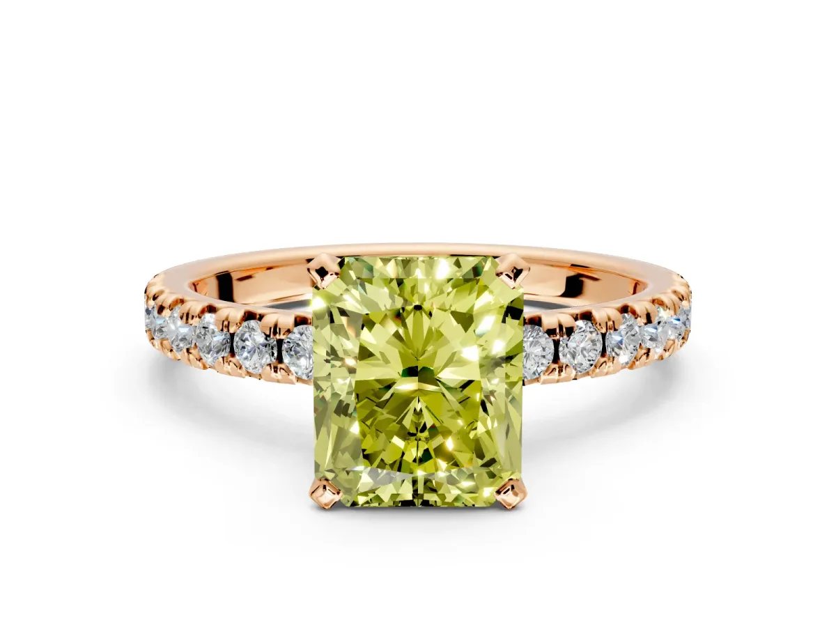 Solitaire Engagement Ring Setting for Fancy Yellow Radiant Cut Center with Large Accents and Prong Head in Rose Gold